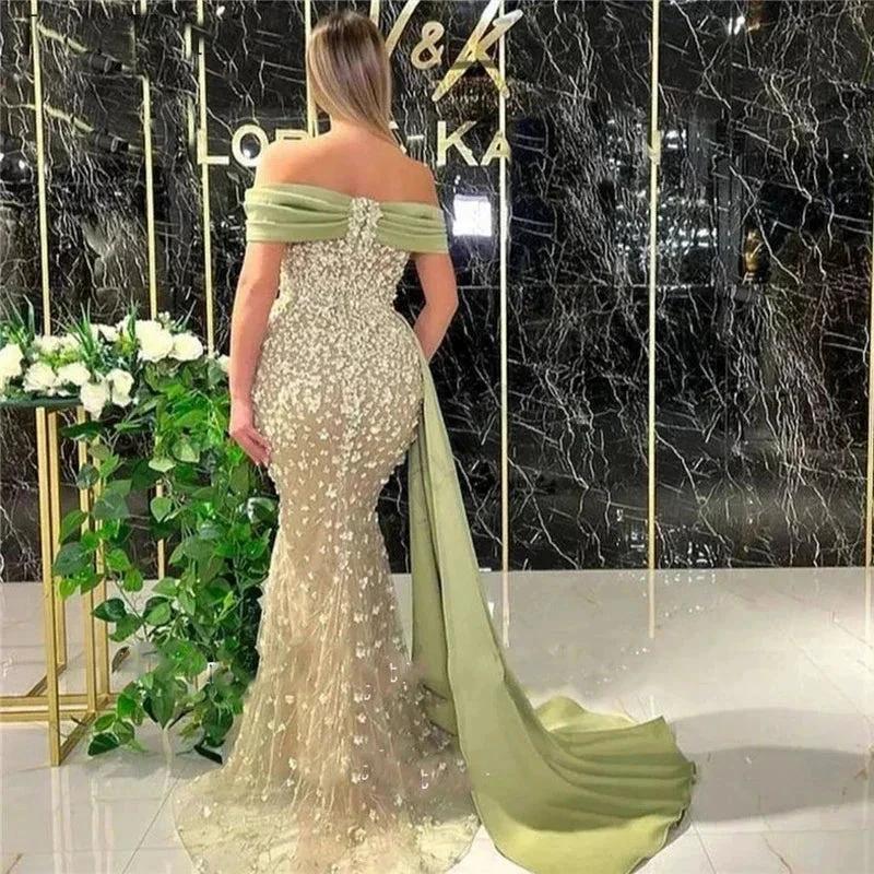 Elegant Dusty Sage Long Mermaid Off-the-shoulder Prom Dress With Lace by misshow.com