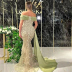 Elegant Dusty Sage Long Mermaid Off-the-shoulder Prom Dress With Lace by misshow.com