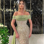 Elegant Dusty Sage Long Mermaid Off-the-shoulder Prom Dress With Lace by misshow.com