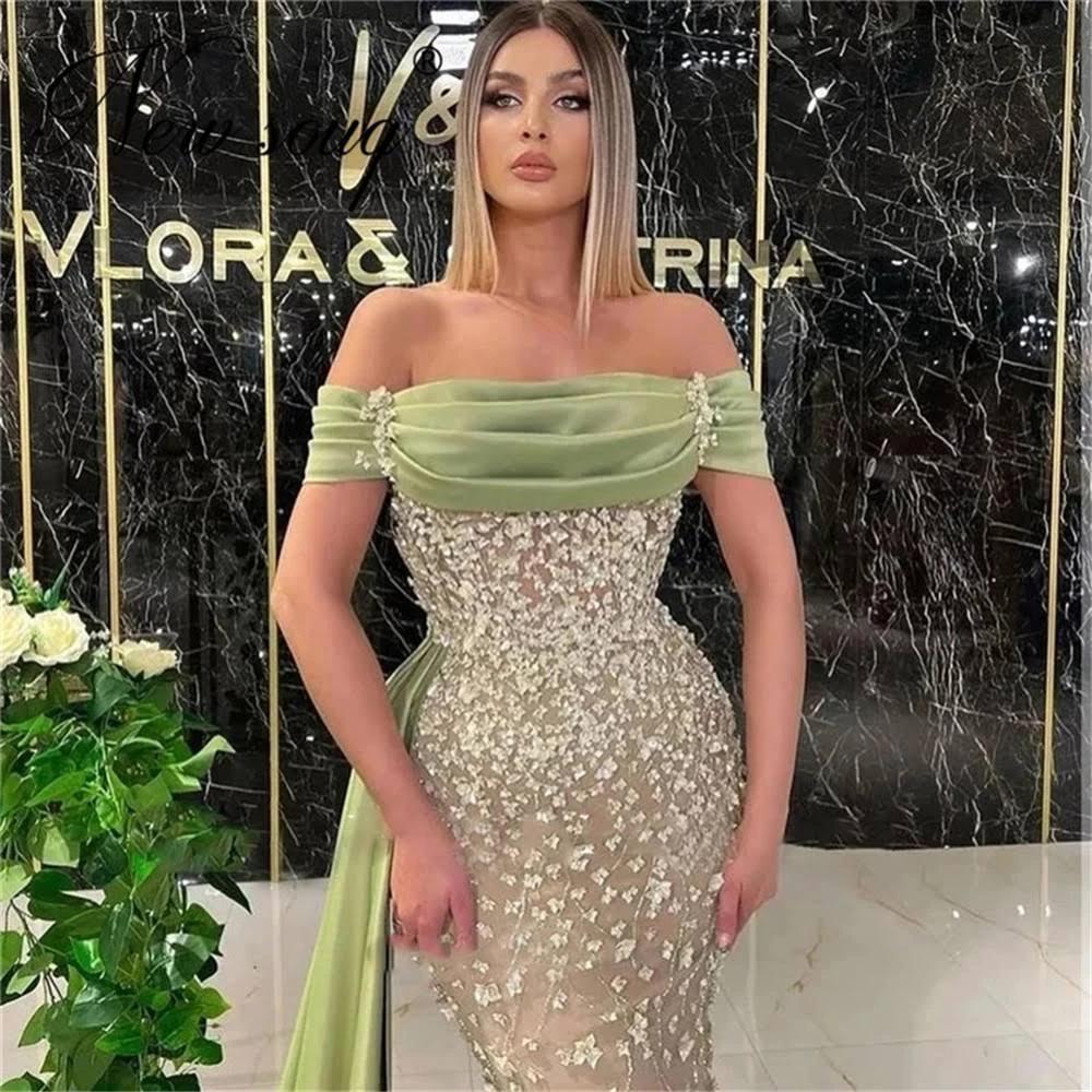 Elegant Dusty Sage Long Mermaid Off-the-shoulder Prom Dress With Lace by misshow.com