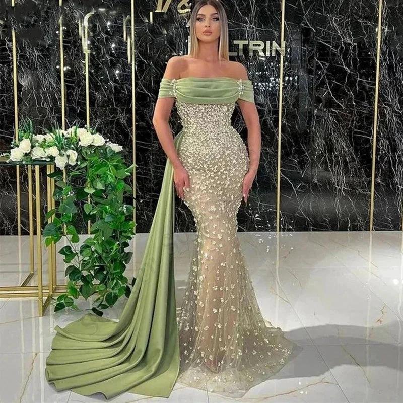 Elegant Dusty Sage Long Mermaid Off-the-shoulder Prom Dress With Lace by misshow.com
