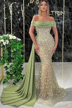 Elegant Dusty Sage Long Mermaid Off-the-shoulder Prom Dress With Lace by misshow.com