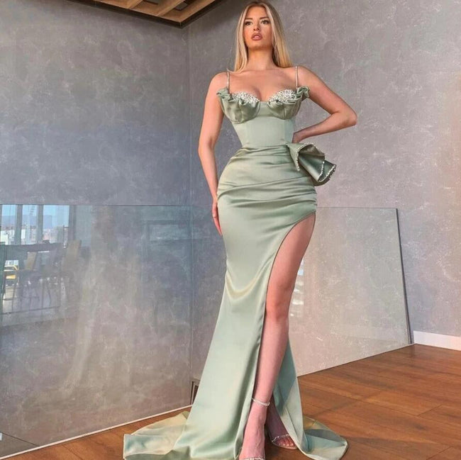 Elegant Dusty Sage Spaghetti Straps Mermaid Prom Dress With Slit Main Image