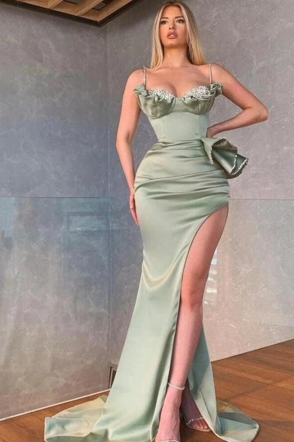Elegant Dusty Sage Spaghetti Straps Mermaid Prom Dress With Slit Hover Image