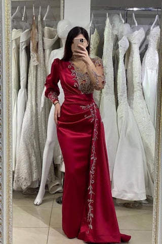 Elegante Abendkleider Lang Weinrot | Ballkleider mit Ärmeln