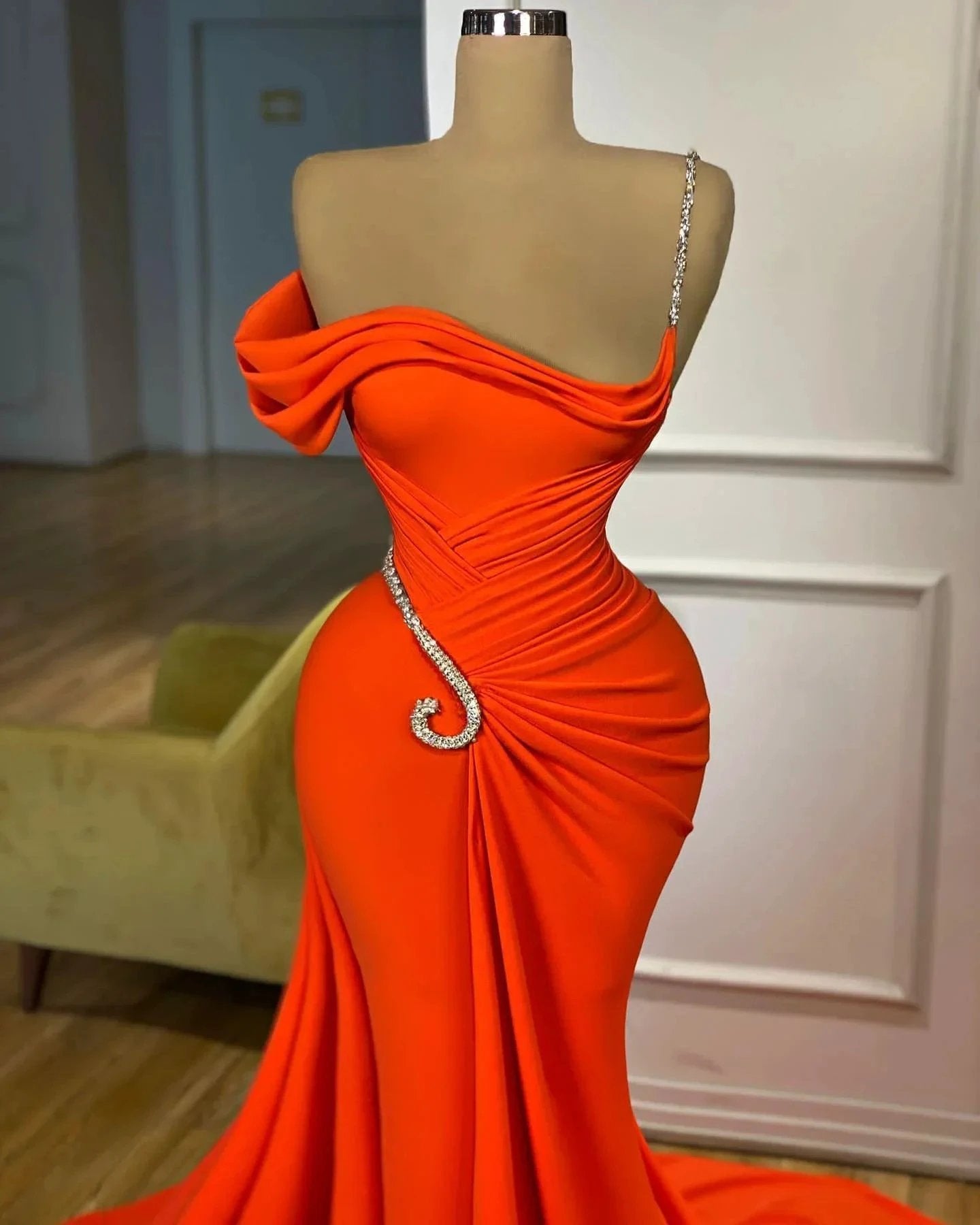 Elegant Floor Length One-should Sleeveless Mermaid Satin Prom Dress with Ruffles by misshow.com