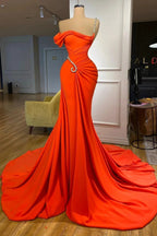 Elegant Floor Length One-should Sleeveless Mermaid Satin Prom Dress with Ruffles by misshow.com