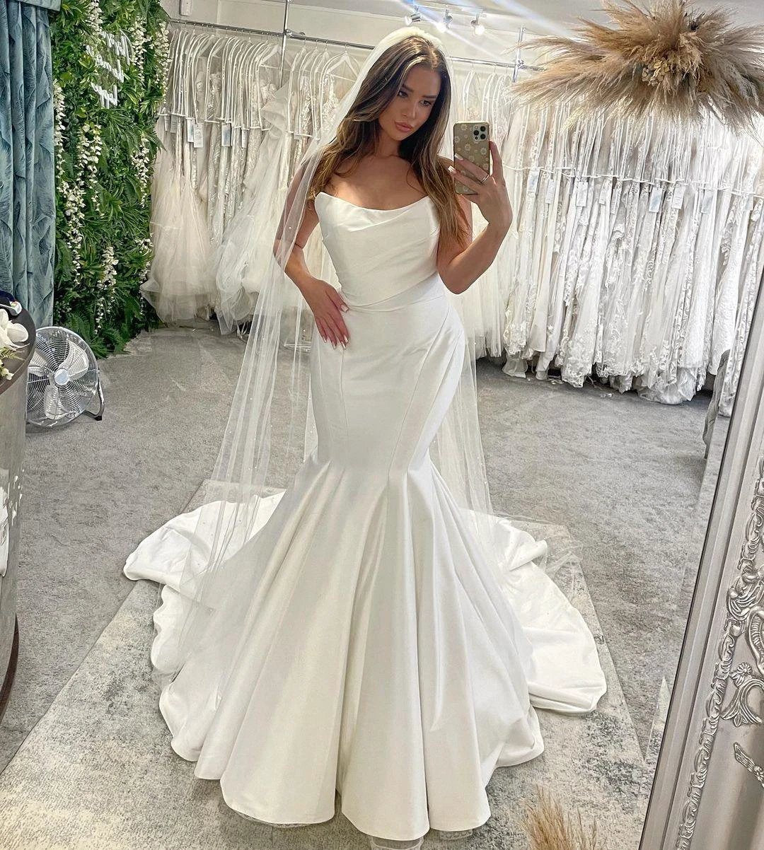 Elegant Floor Length Sleeveless Mermaid Satin Wedding Dress with Ruffles by misshow.com