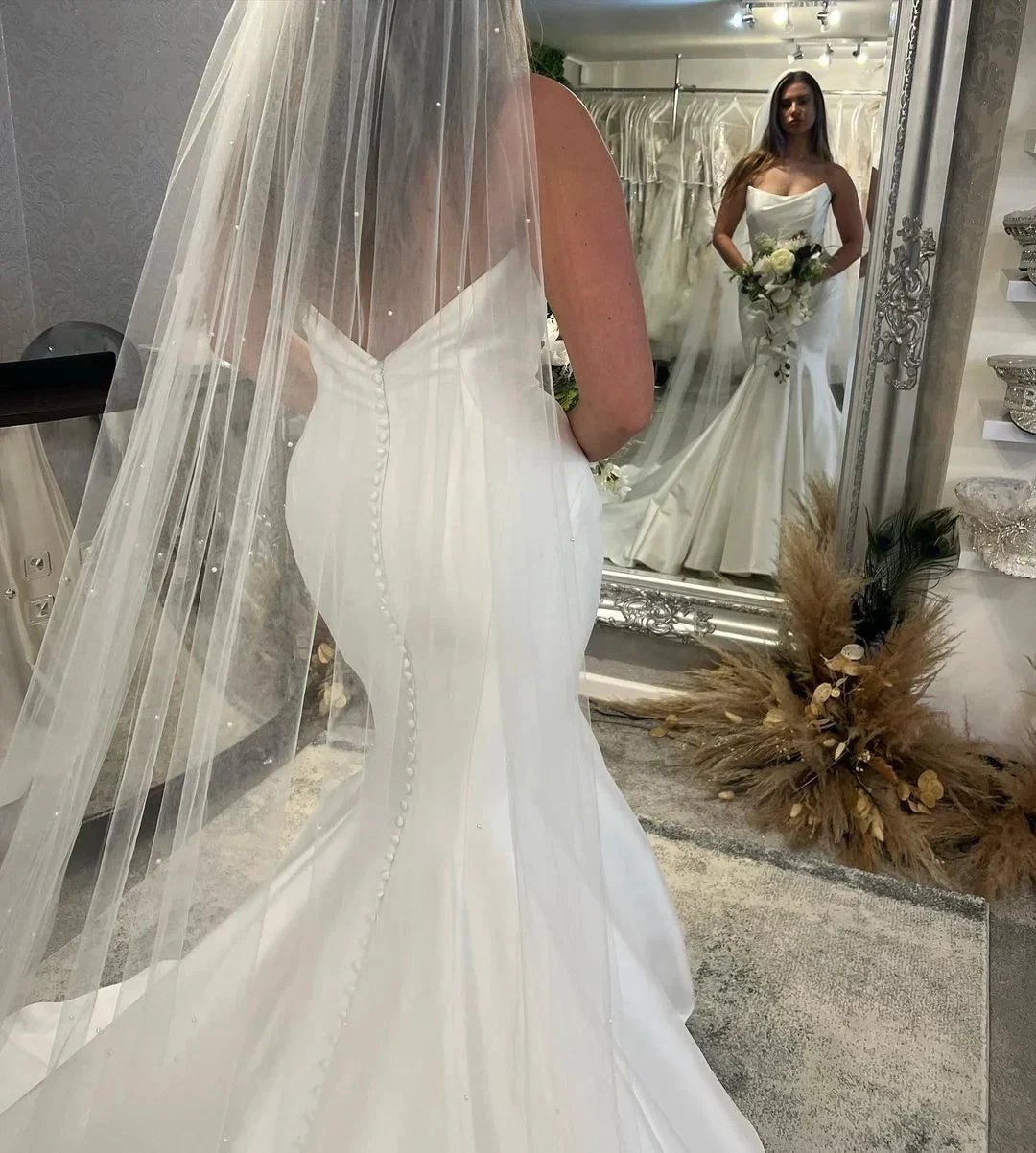 Elegant Floor Length Sleeveless Mermaid Satin Wedding Dress with Ruffles by misshow.com