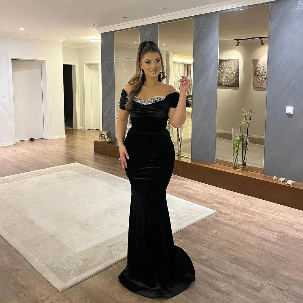 Elegant Floor Length Sweetheart Off-The -shoulder Black mermaid Prom Dress with Appliques by misshow.com