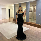 Elegant Floor Length Sweetheart Off-The -shoulder Black mermaid Prom Dress with Appliques by misshow.com