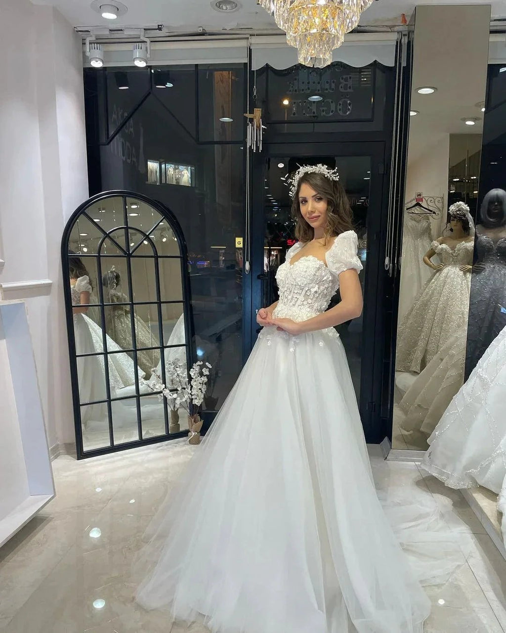 Elegant Floor Length Sweetheart Short Sleeves A-Line Tulle Wedding Dress by misshow.com