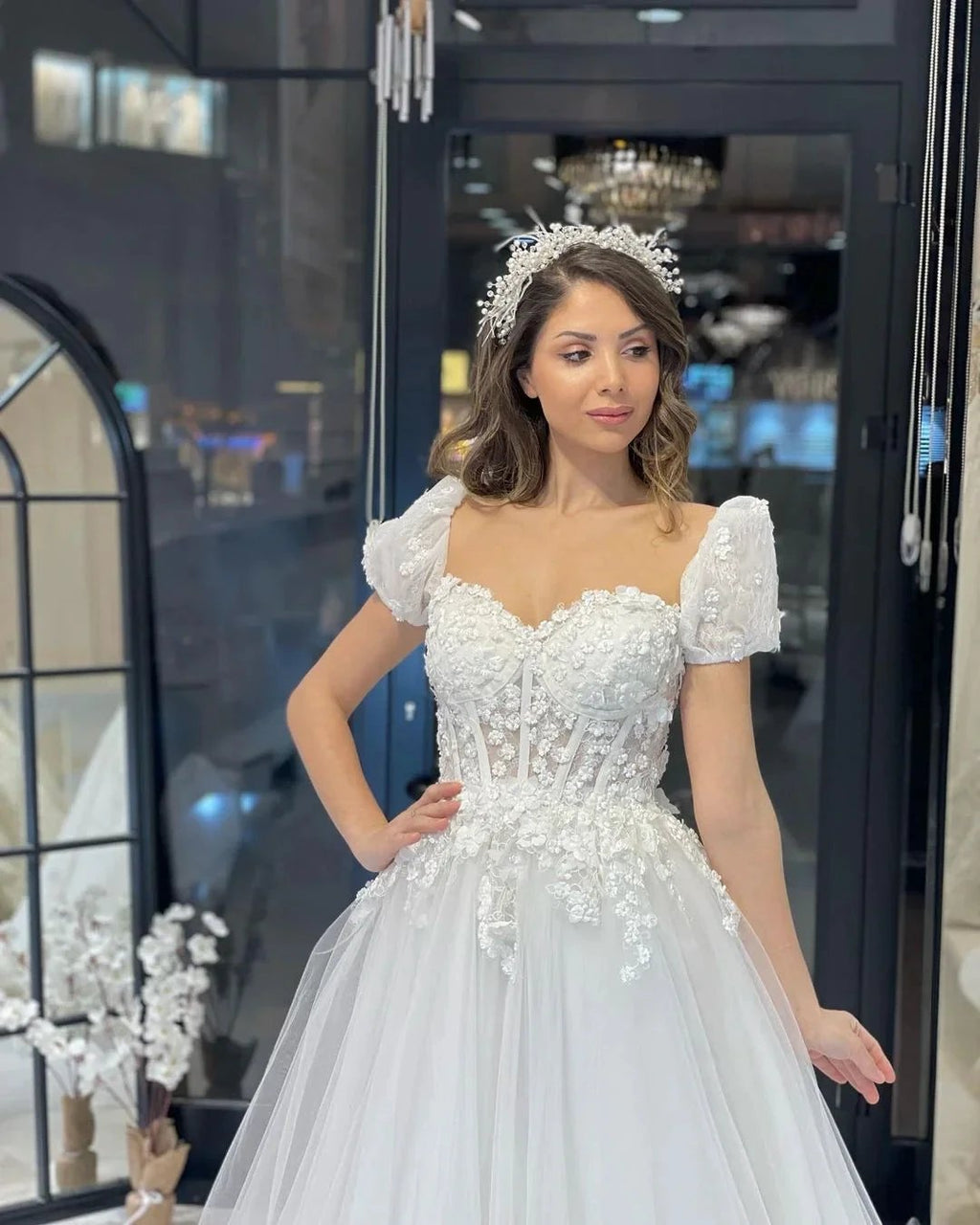Elegant Floor Length Sweetheart Short Sleeves A-Line Tulle Wedding Dress by misshow.com