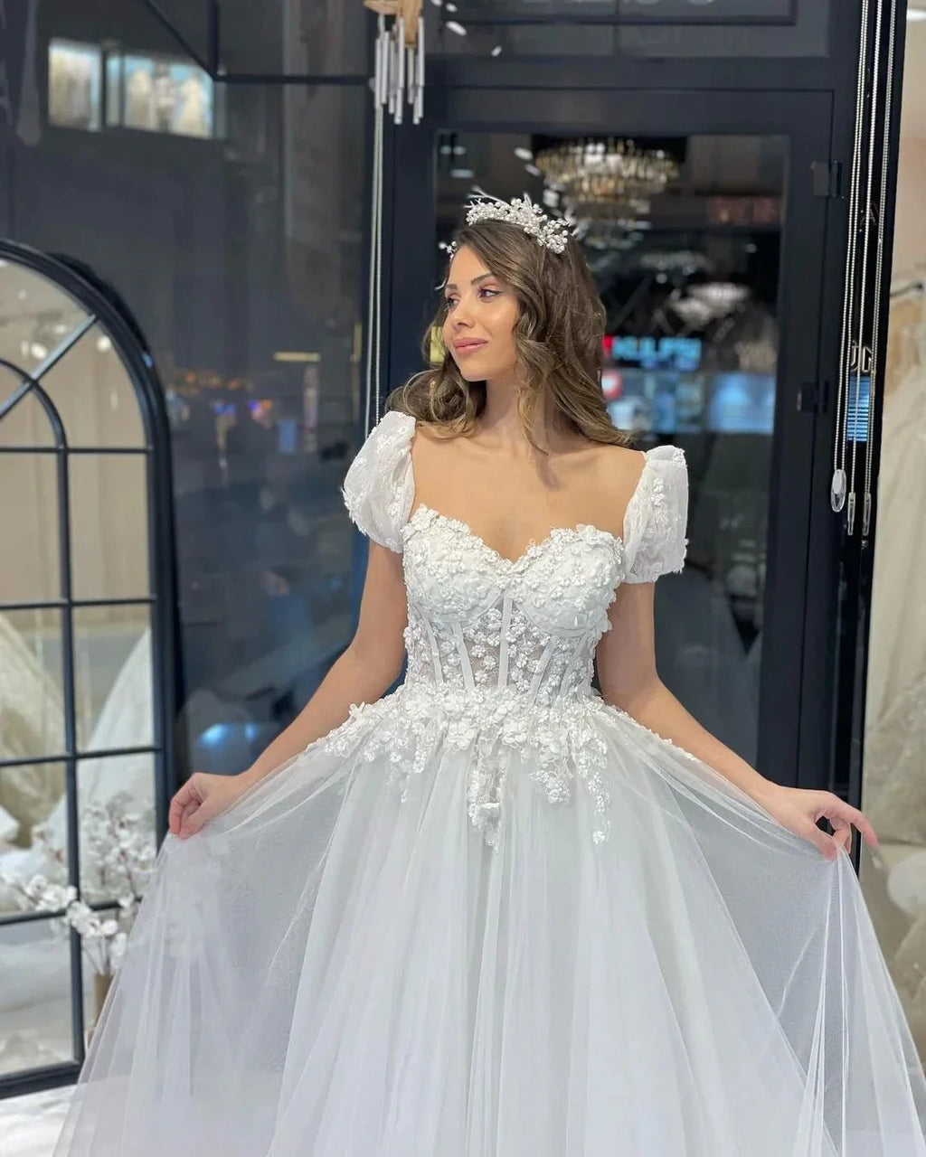 Elegant Floor Length Sweetheart Short Sleeves A-Line Tulle Wedding Dress by misshow.com