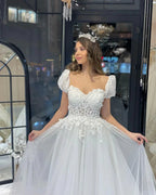 Elegant Floor Length Sweetheart Short Sleeves A-Line Tulle Wedding Dress by misshow.com