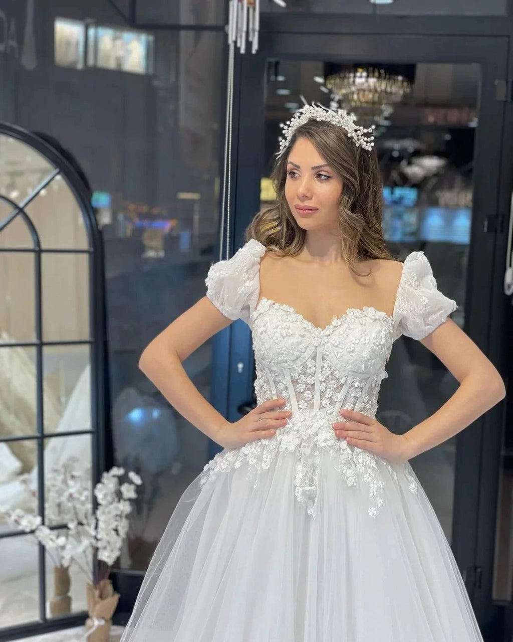 Elegant Floor Length Sweetheart Short Sleeves A-Line Tulle Wedding Dress by misshow.com