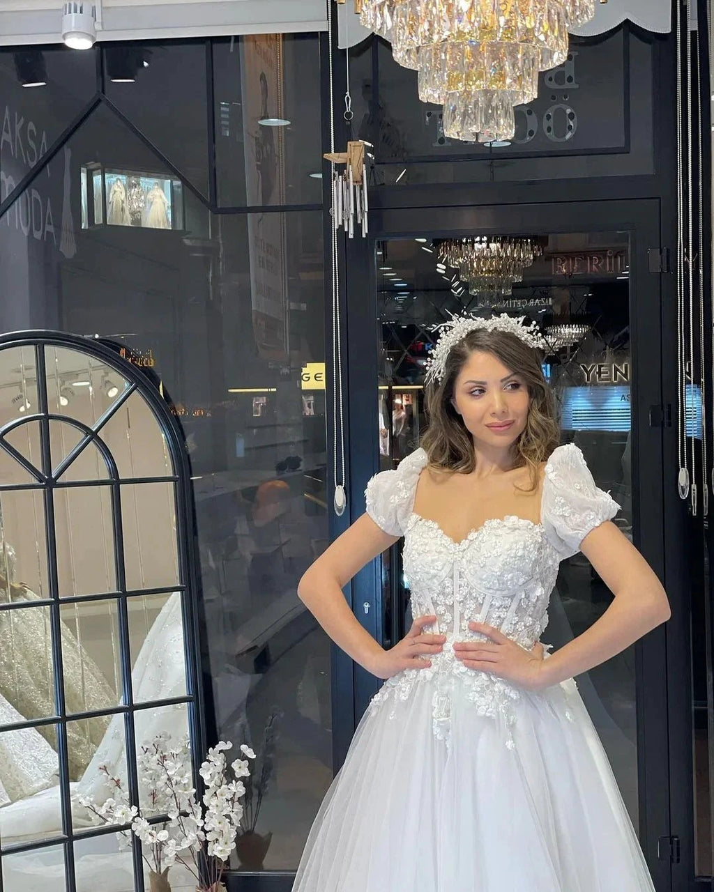 Elegant Floor Length Sweetheart Short Sleeves A-Line Tulle Wedding Dress by misshow.com