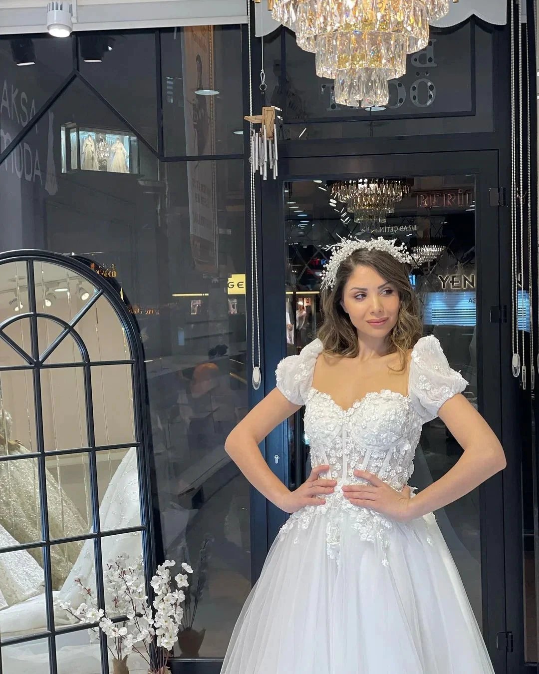 Elegant Floor Length Sweetheart Short Sleeves A-Line Tulle Wedding Dress by misshow.com