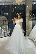 Elegant Floor Length Sweetheart Short Sleeves A-Line Tulle Wedding Dress by misshow.com