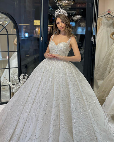 Elegant Floor Length Sweetheart Sleeveless A-Line Sequined Wedding Dress with Ruffles