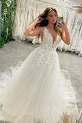 Elegant Floor Length V-Neck Sleeveless A-Line Tulle Wedding Dress with Appliques by misshow.com