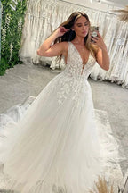 Elegant Floor Length V-Neck Sleeveless A-Line Tulle Wedding Dress with Appliques by misshow.com