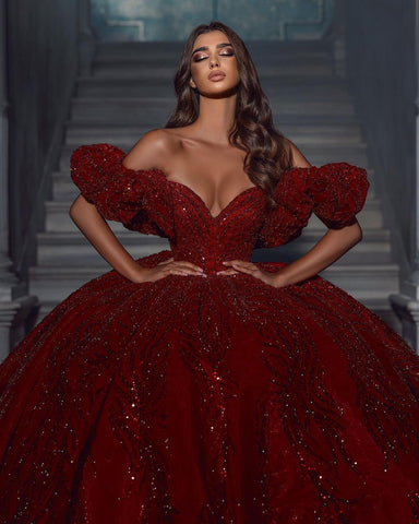 Elegant Floor Length V-Neck Sleeveless Off-The-Shoulder A-Line Sequined Wedding Dress with Ruffles