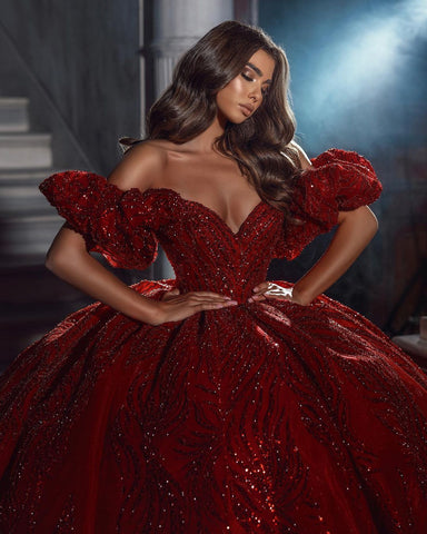Elegant Floor Length V-Neck Sleeveless Off-The-Shoulder A-Line Sequined Wedding Dress with Ruffles