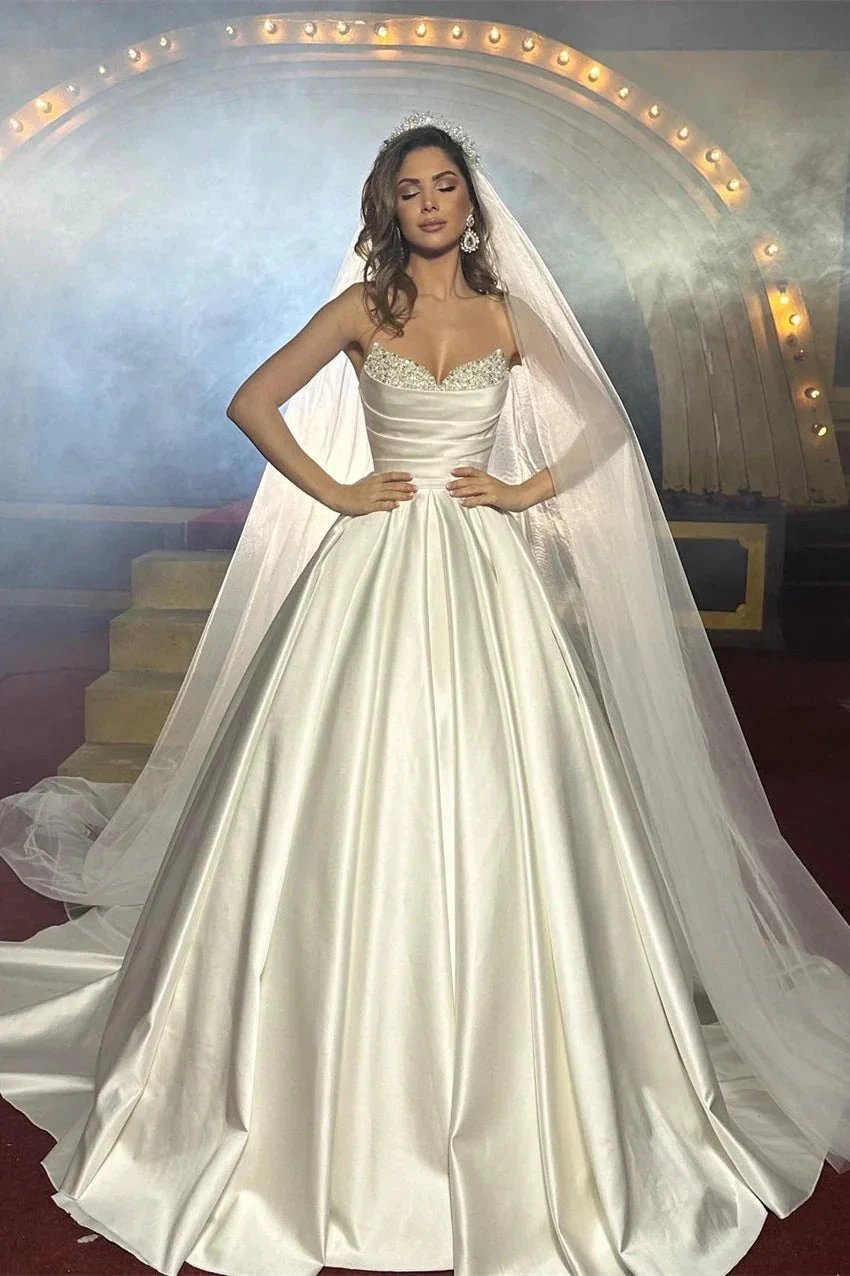 Elegant FloorLength Sleeveless A Line Satin Wedding Dress With Beads by misshow.com