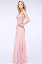 Elegant Floral Appliques aline Bridesmaid Dress Dusty Pink Chiffon FloorLength Formal Dress