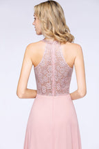 Elegant Floral Appliques aline Bridesmaid Dress Dusty Pink Chiffon FloorLength Formal Dress