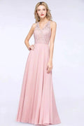 Elegant Floral Appliques aline Bridesmaid Dress Dusty Pink Chiffon FloorLength Formal Dress by misshow.com