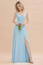 Elegant Front Split Bridesmaid Dress Garden Spaghetti Straps V-neck Floor Length Dress by misshow.com