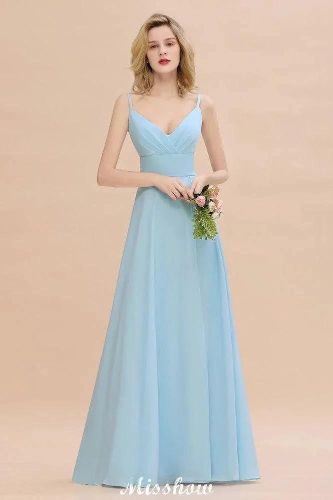 Elegant Front Split Bridesmaid Dress Garden Spaghetti Straps V-neck Floor Length Dress by misshow.com