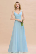 Elegant Front Split Bridesmaid Dress Garden Spaghetti Straps V-neck Floor Length Dress by misshow.com