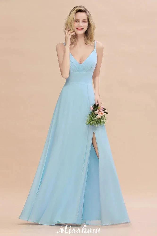 Elegant Front Split Bridesmaid Dress Garden Spaghetti Straps V-neck Floor Length Dress by misshow.com