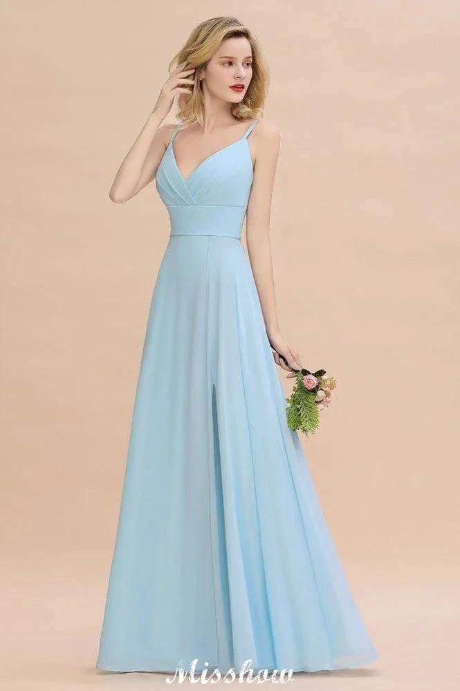 Elegant Front Split Bridesmaid Dress Garden Spaghetti Straps V-neck Floor Length Dress by misshow.com