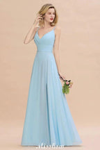 Elegant Front Split Bridesmaid Dress Garden Spaghetti Straps V-neck Floor Length Dress by misshow.com