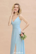 Elegant Front Split Bridesmaid Dress Garden Spaghetti Straps V-neck Floor Length Dress by misshow.com