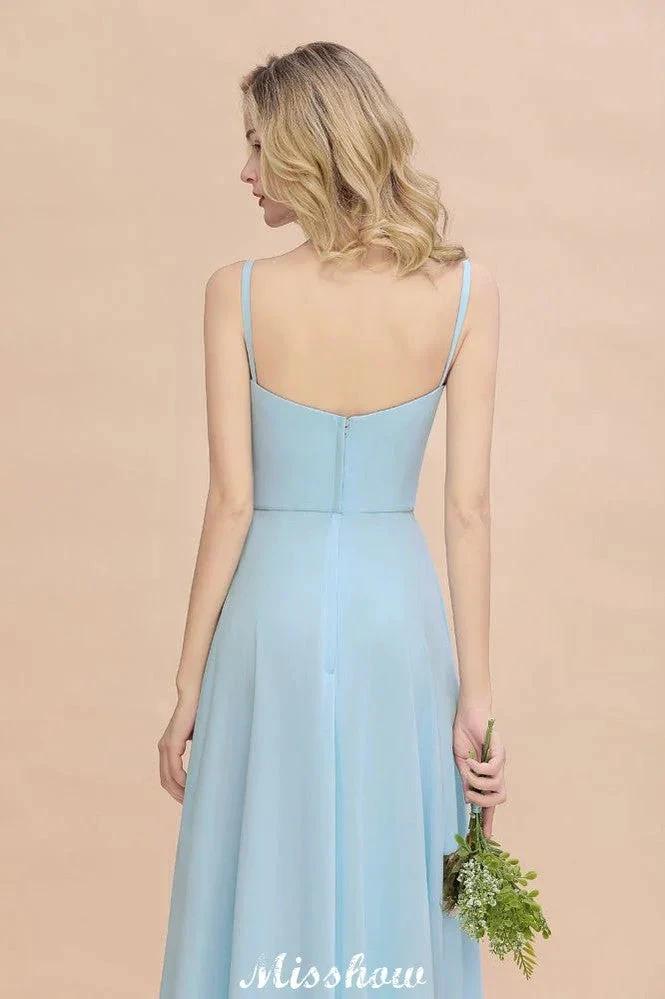 Elegant Front Split Bridesmaid Dress Garden Spaghetti Straps V-neck Floor Length Dress by misshow.com