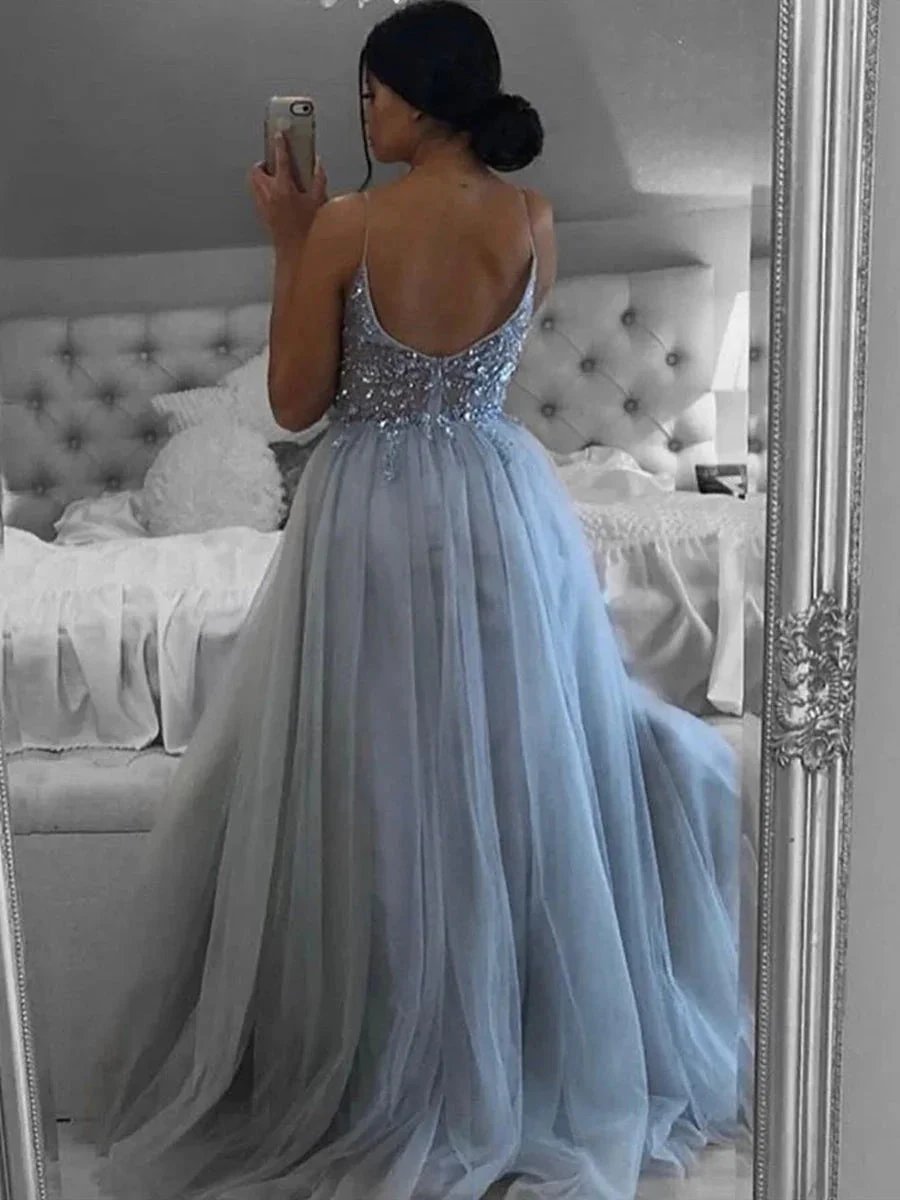 Elegant Gray Long A Line V Neck Open Back Beaded Formal Prom Dresses with Slit by BIZTUNNEL