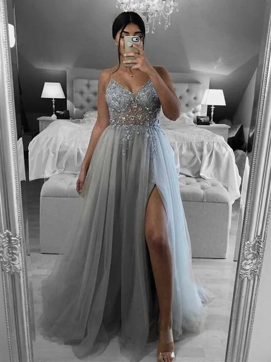 Elegant Gray Long A Line V Neck Open Back Beaded Formal Prom Dresses with Slit by BIZTUNNEL
