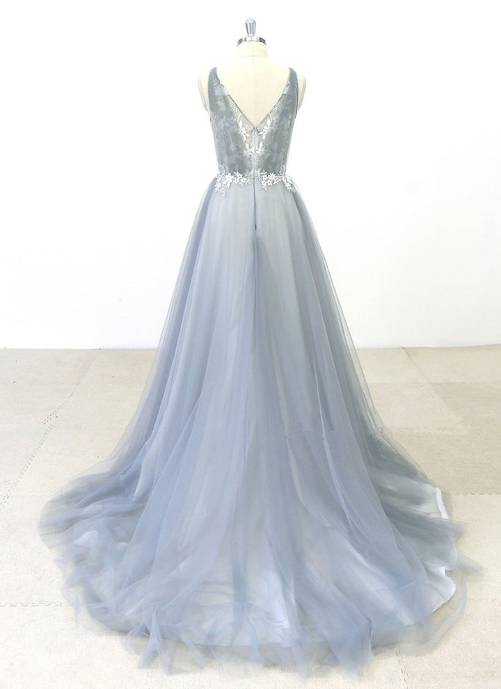 Elegant Gray Tulle Round Neck Beach Wedding Dress Jewel Sweep Train Bridal Gowns On Sale