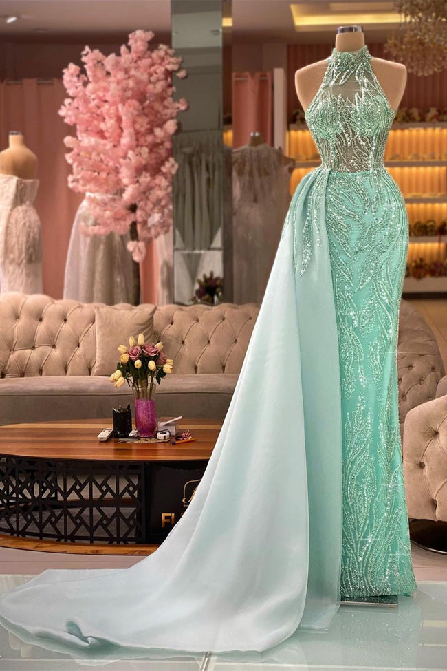 Elegant Green High Neck Sleeveless Mermaid Prom Dress With Lace Hover Image