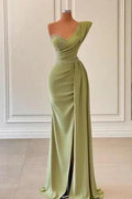 Elegant Green One-shoulder Sleeveless Mermaid Chiffon Prom Dresses with Beadings by misshow.com
