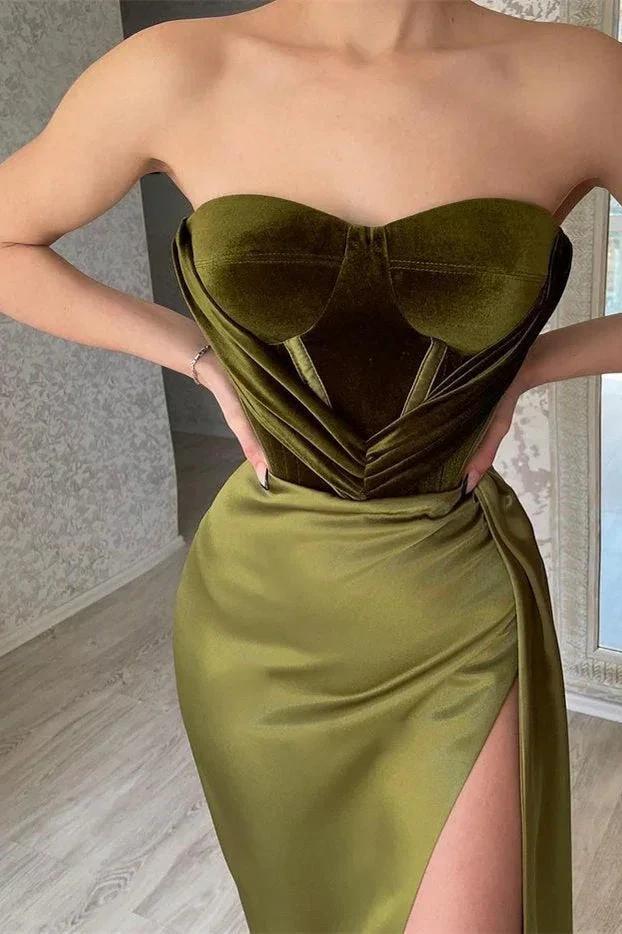 Elegant Green Strapless Sleeveless Mermaid Satin Prom Dresses with Slit by misshow.com