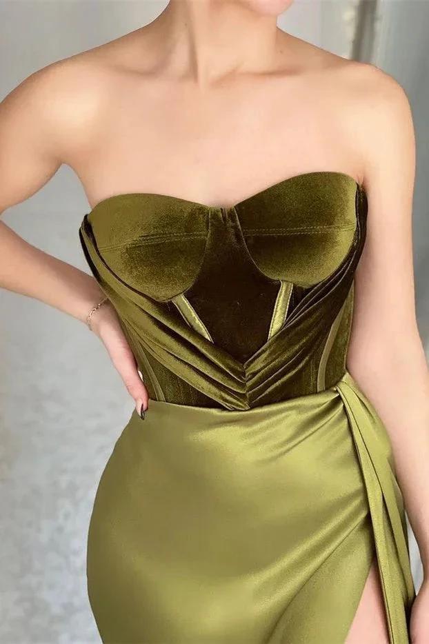 Elegant Green Strapless Sleeveless Mermaid Satin Prom Dresses with Slit by misshow.com