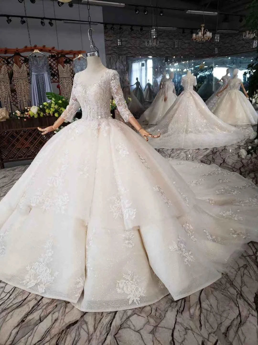 Elegant Half Sleeves Ball Gown Lace Layer Wedding Dress WD380 by pgmdress
