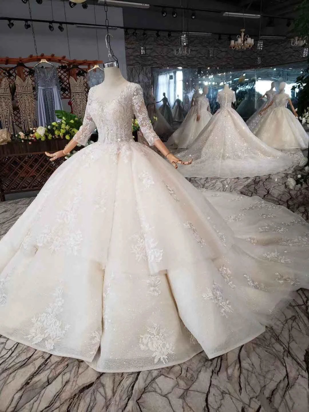 Elegant Half Sleeves Ball Gown Lace Layer Wedding Dress WD380 by pgmdress