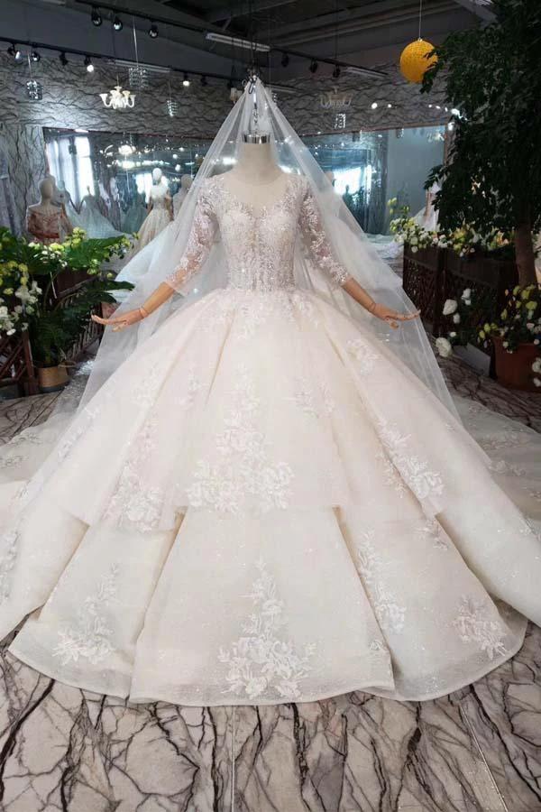 Elegant Half Sleeves Ball Gown Lace Layer Wedding Dress WD380 by pgmdress
